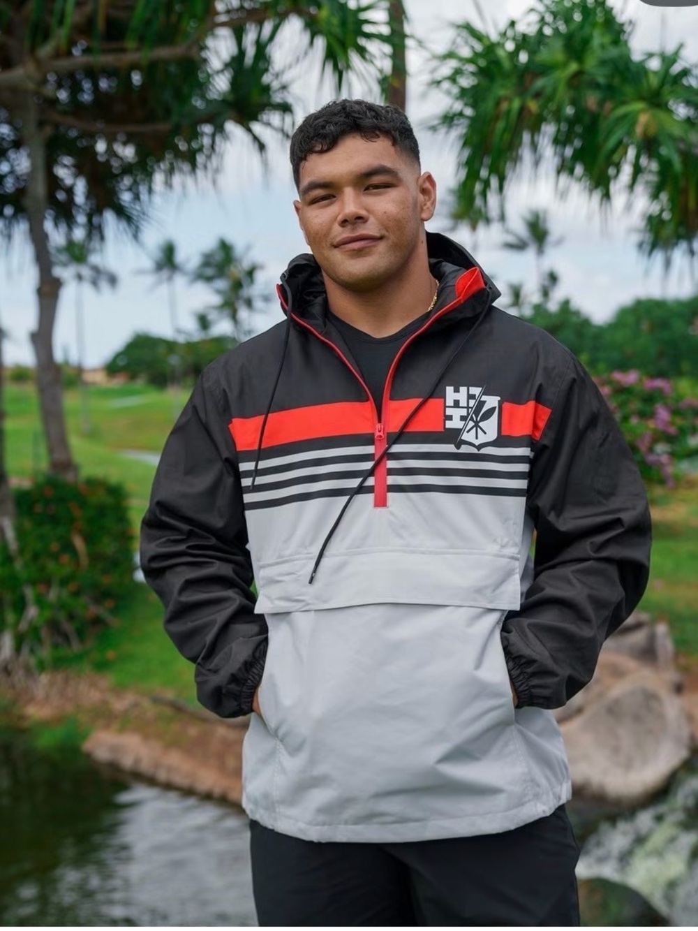 Men's Black, Gray & Red Hooded Pullover Windbreaker